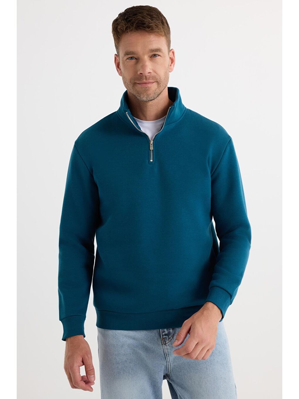 Unisex Relax Fit Rahat Kesim Pamuklu İçi Polarlı Yarım Fermuarlı İndigo Dik Yaka Sweatshirt-4