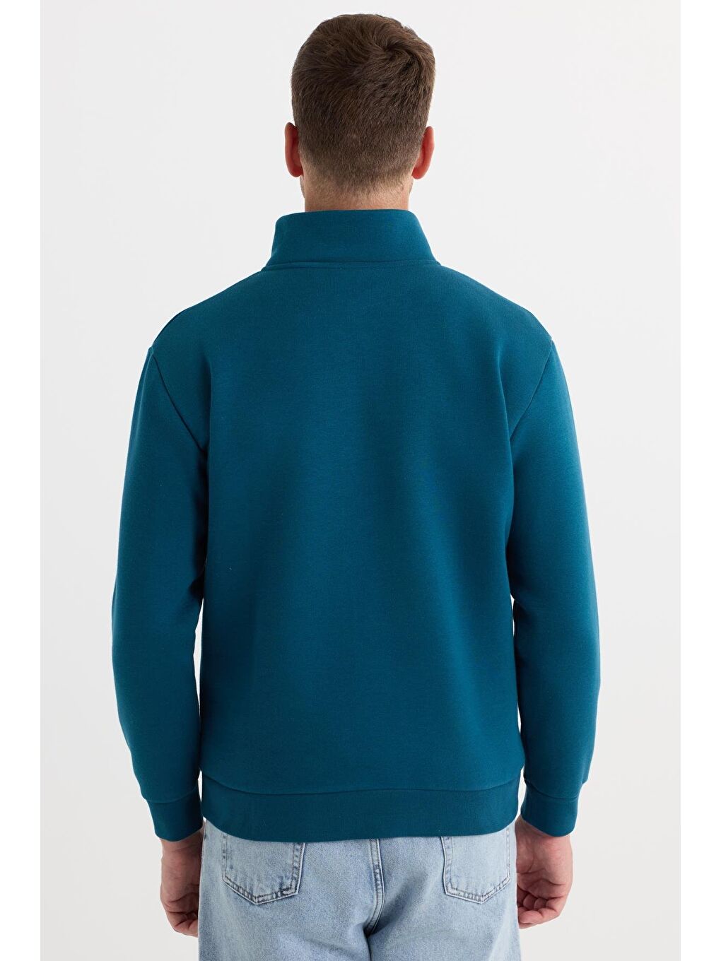 Unisex Relax Fit Rahat Kesim Pamuklu İçi Polarlı Yarım Fermuarlı İndigo Dik Yaka Sweatshirt-6