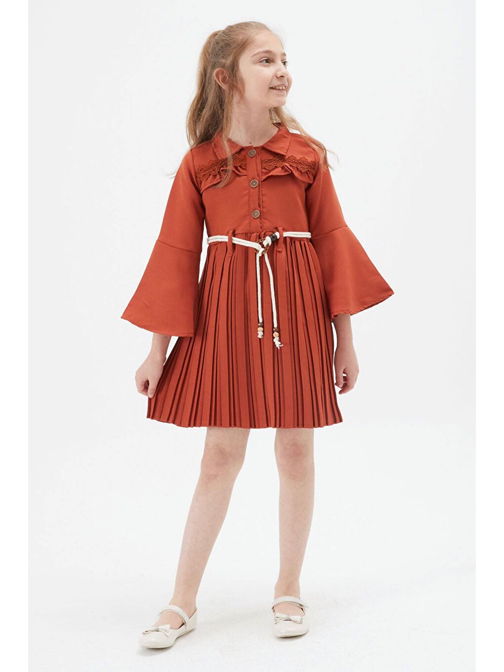 Kahverengi Kız Çocuk Kiremit Dantel Süslemeli Çantalı Piliseli Elbise 15168