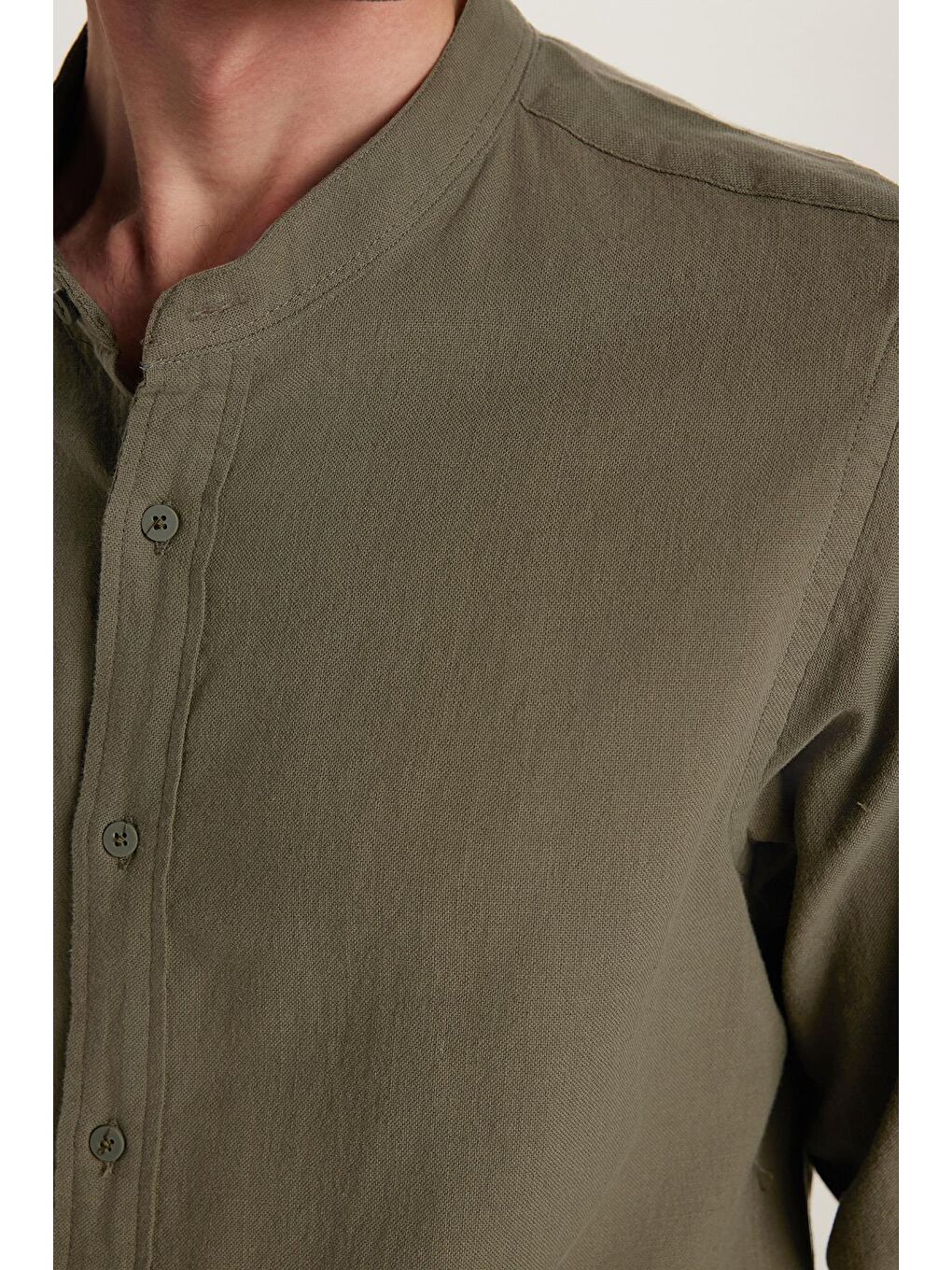 Erkek Slim Fit Dar Kesim Uzun Kollu %100 Pamuk Keten Doku Hakim Yaka Haki Gömlek-2