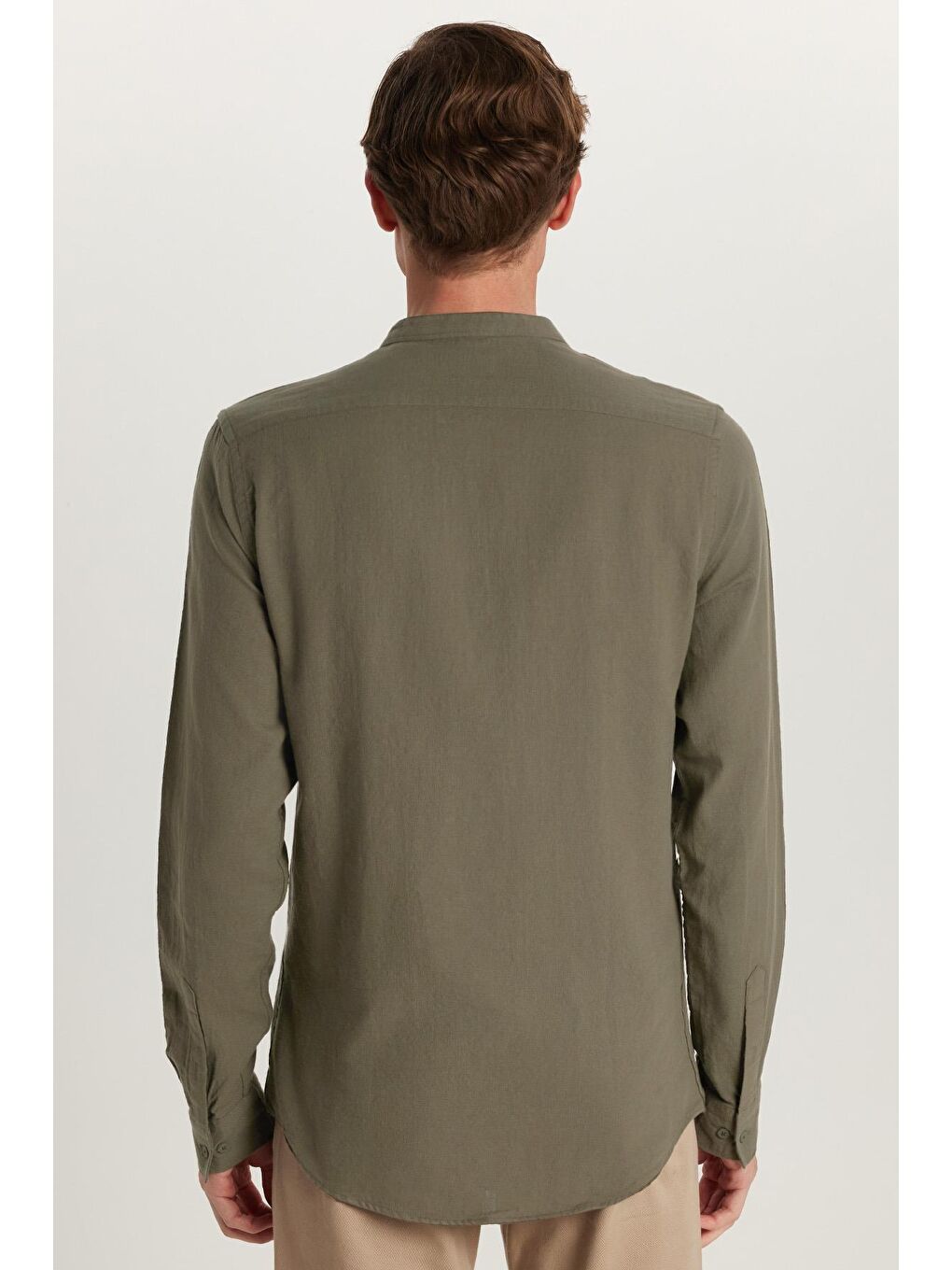 Erkek Slim Fit Dar Kesim Uzun Kollu %100 Pamuk Keten Doku Hakim Yaka Haki Gömlek-4