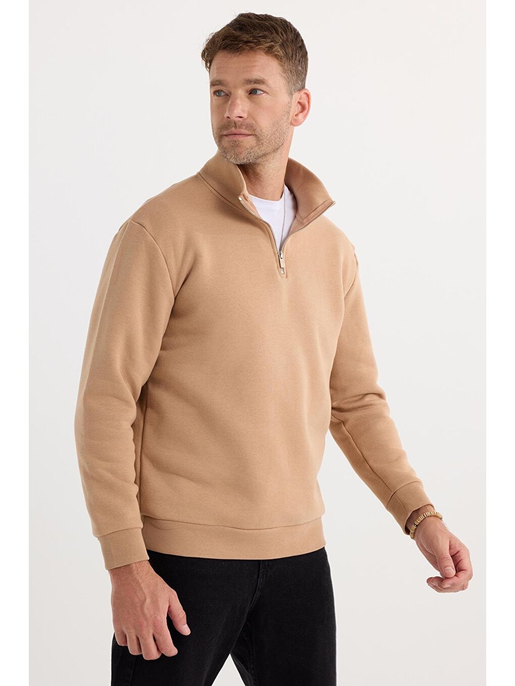 Bej Unisex Relax Fit Rahat Kesim Pamuklu İçi Polarlı Yarım Fermuarlı Taş Renk Dik Yaka Sweatshirt-4