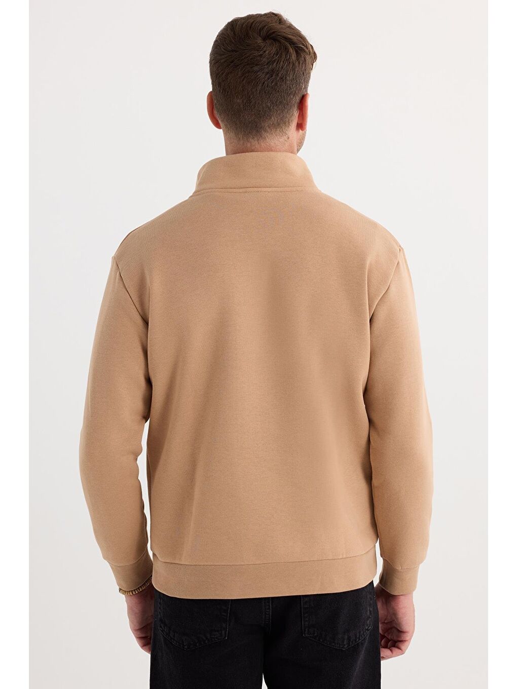 Bej Unisex Relax Fit Rahat Kesim Pamuklu İçi Polarlı Yarım Fermuarlı Taş Renk Dik Yaka Sweatshirt-6