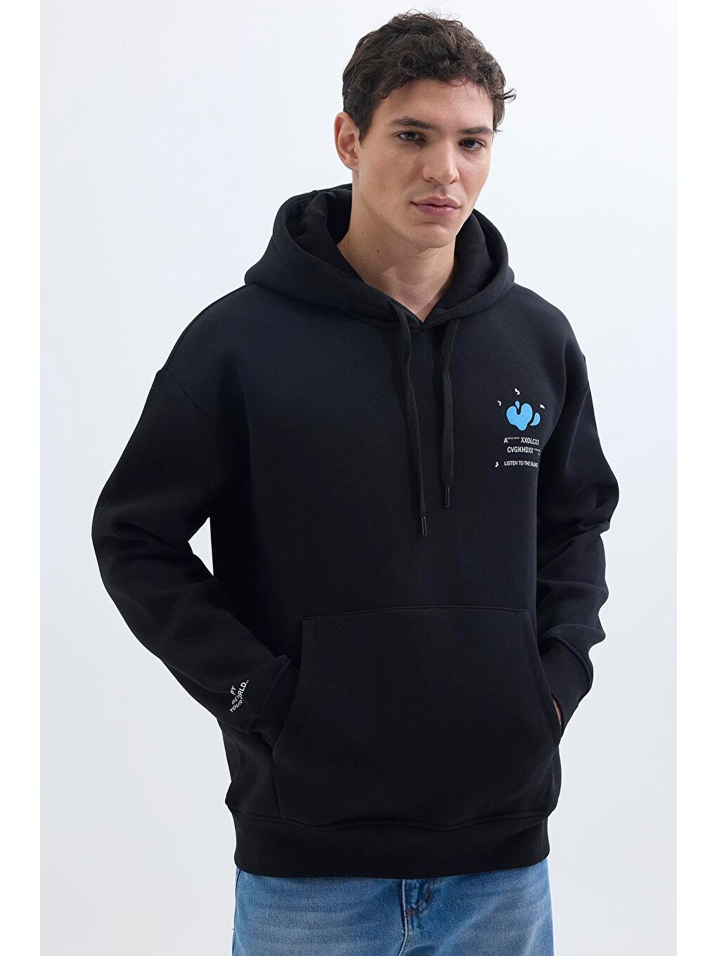 Unisex Oversize Geniş Kesim Pamuklu Yumuşak Dokulu İçi Polarlı Baskılı Siyah Kapüşonlu Erkek Hoodie-1