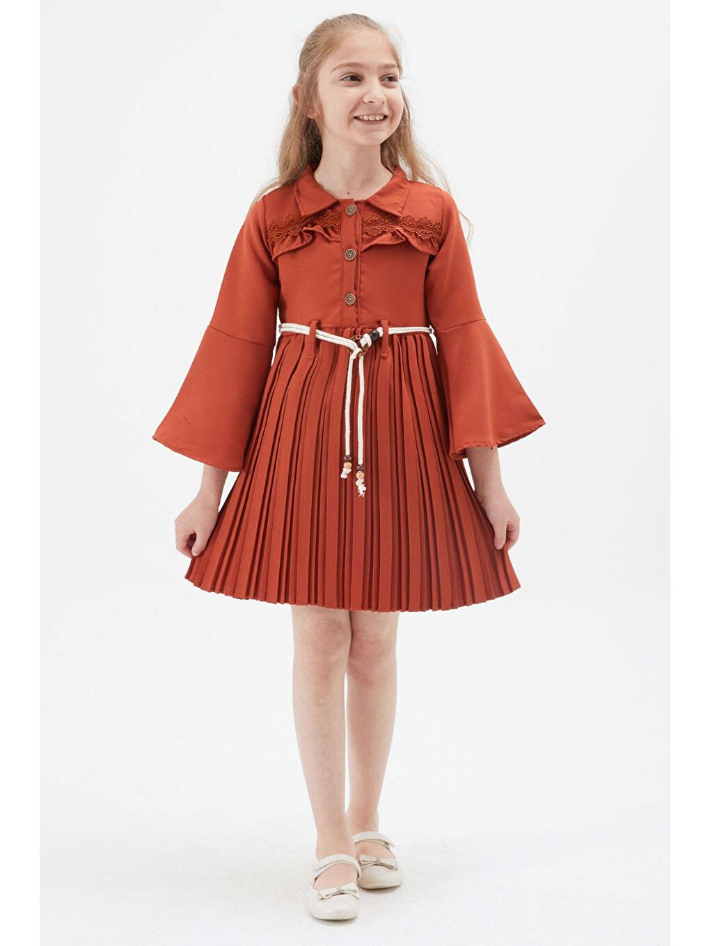 Kahverengi Kız Çocuk Kiremit Dantel Süslemeli Çantalı Piliseli Elbise 15168-2
