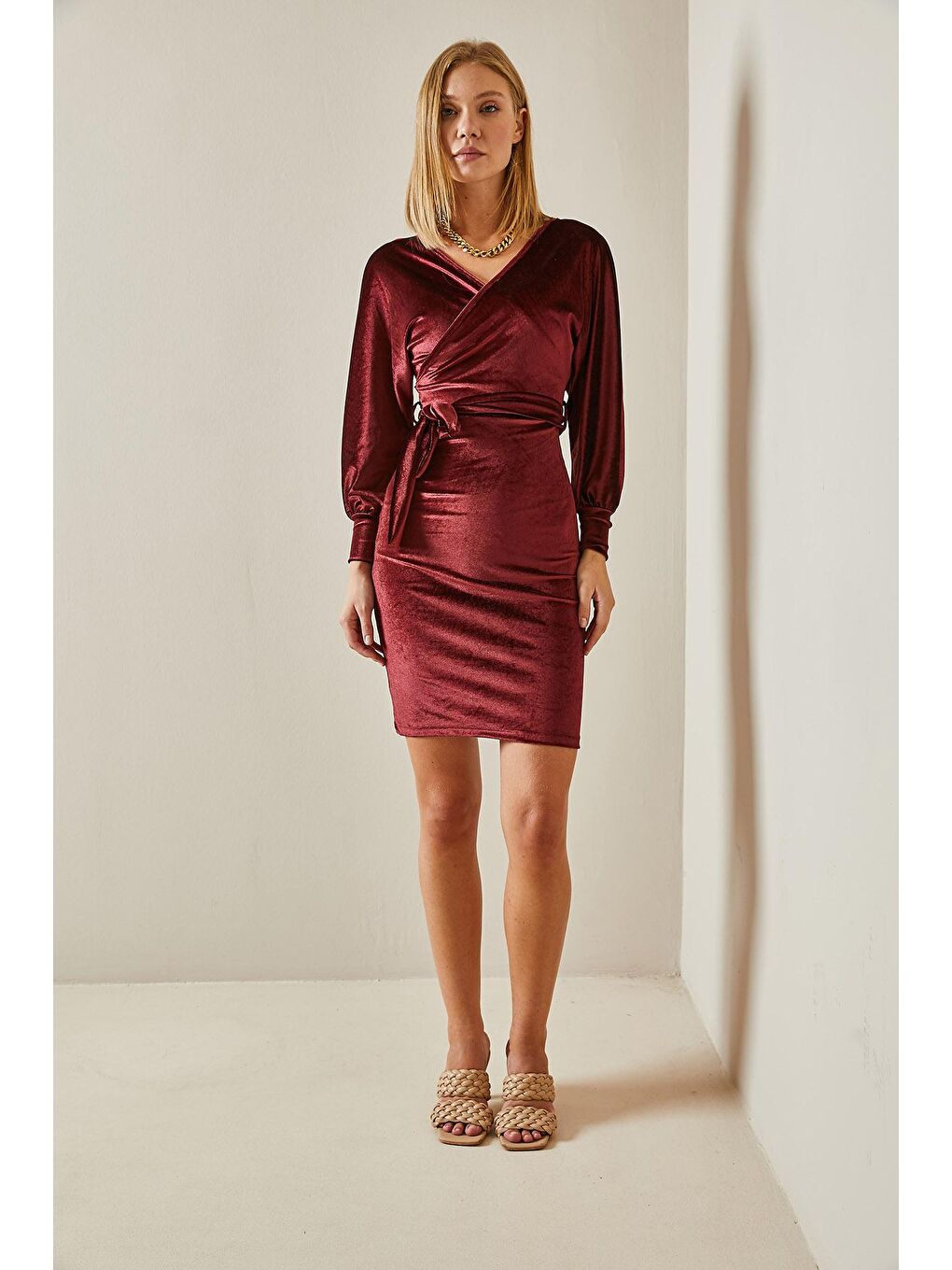 Bordo Yarasa Kol Kadife Elbise 4KXK6-47620-05-1