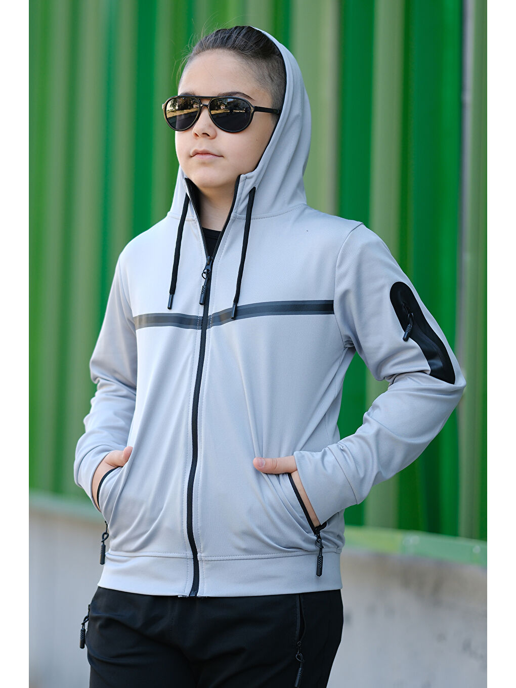 Gri Unısex Dalgıç Kumaş Kapüşonlu Eşofman Takımı ESF 600-3