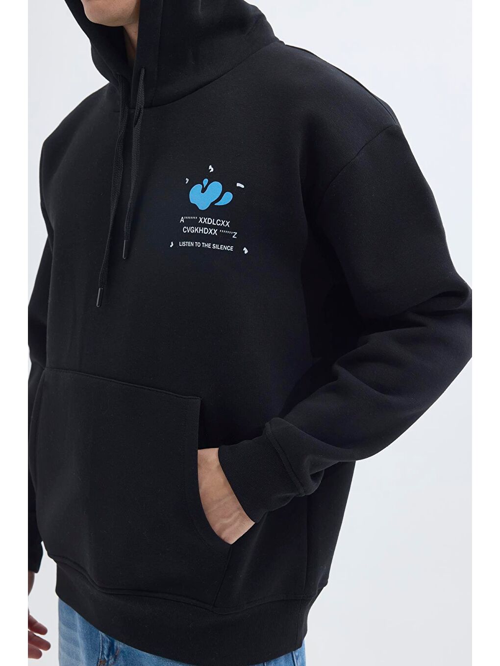 Unisex Oversize Geniş Kesim Pamuklu Yumuşak Dokulu İçi Polarlı Baskılı Siyah Kapüşonlu Erkek Hoodie-3