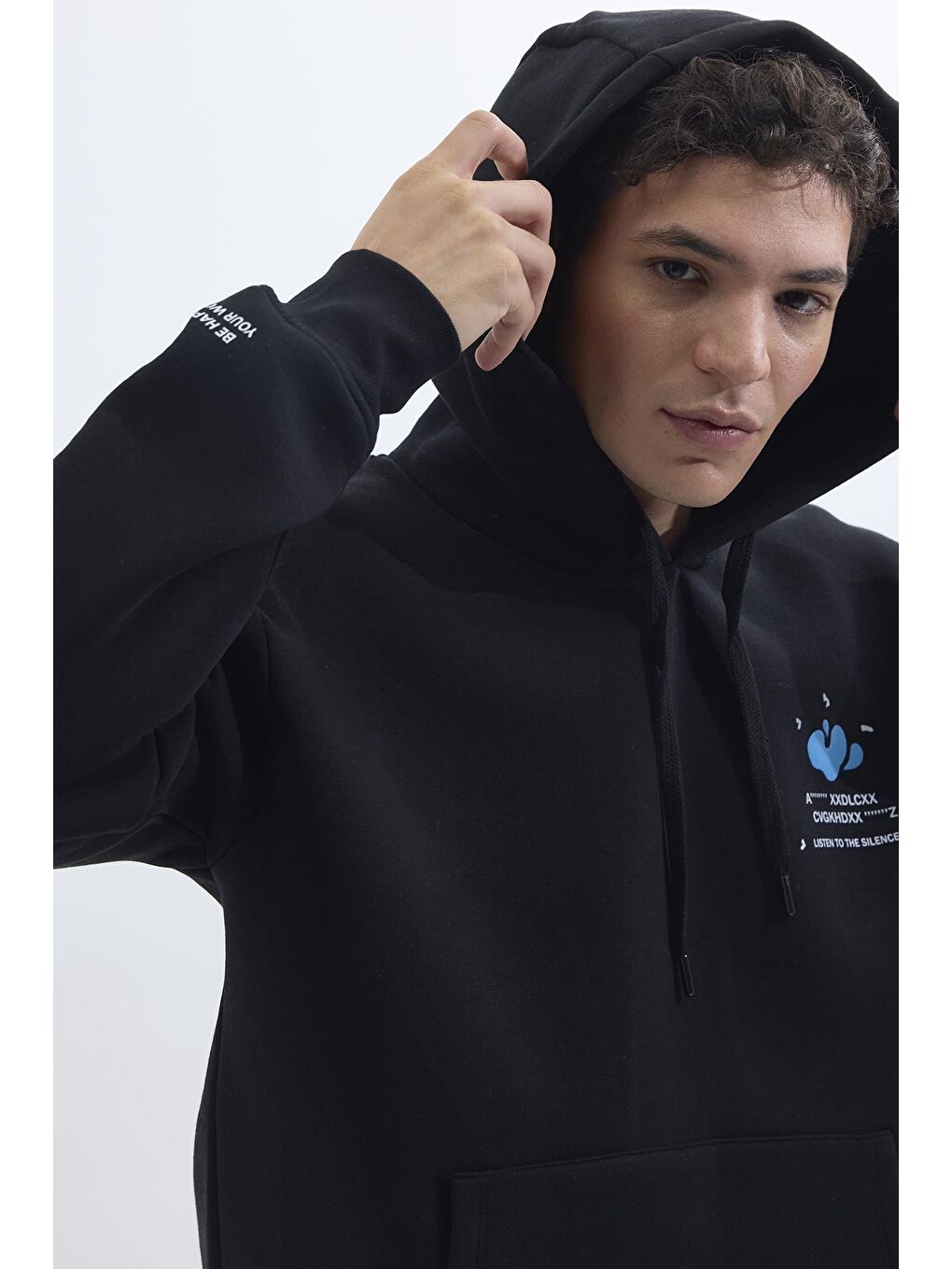 Unisex Oversize Geniş Kesim Pamuklu Yumuşak Dokulu İçi Polarlı Baskılı Siyah Kapüşonlu Erkek Hoodie-5