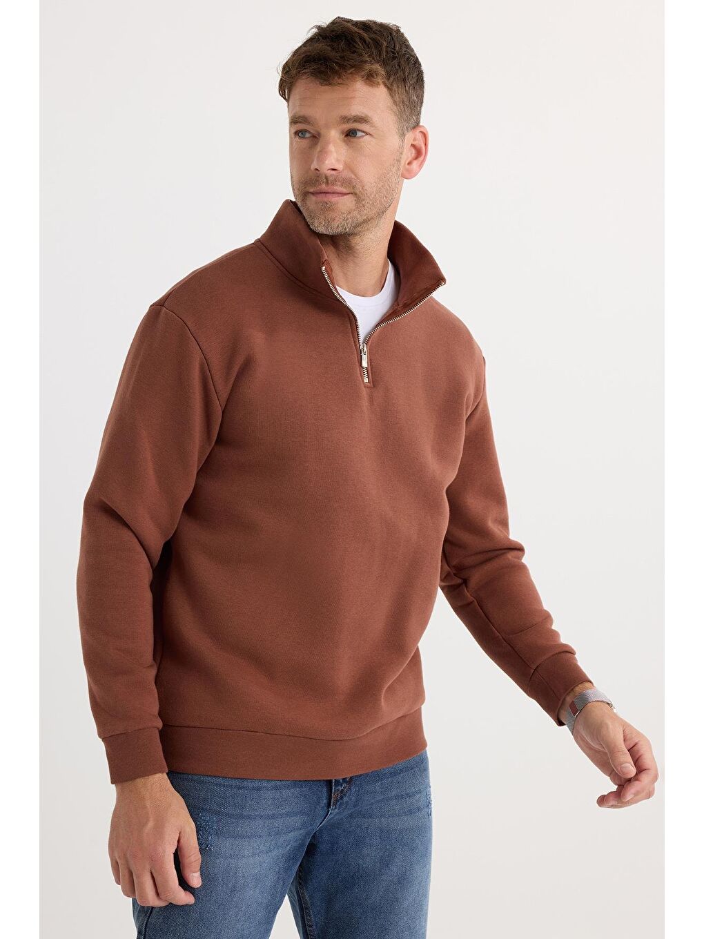 Unisex Relax Fit Rahat Kesim Pamuklu İçi Polarlı Yarım Fermuarlı Kahverengi Dik Yaka Sweatshirt