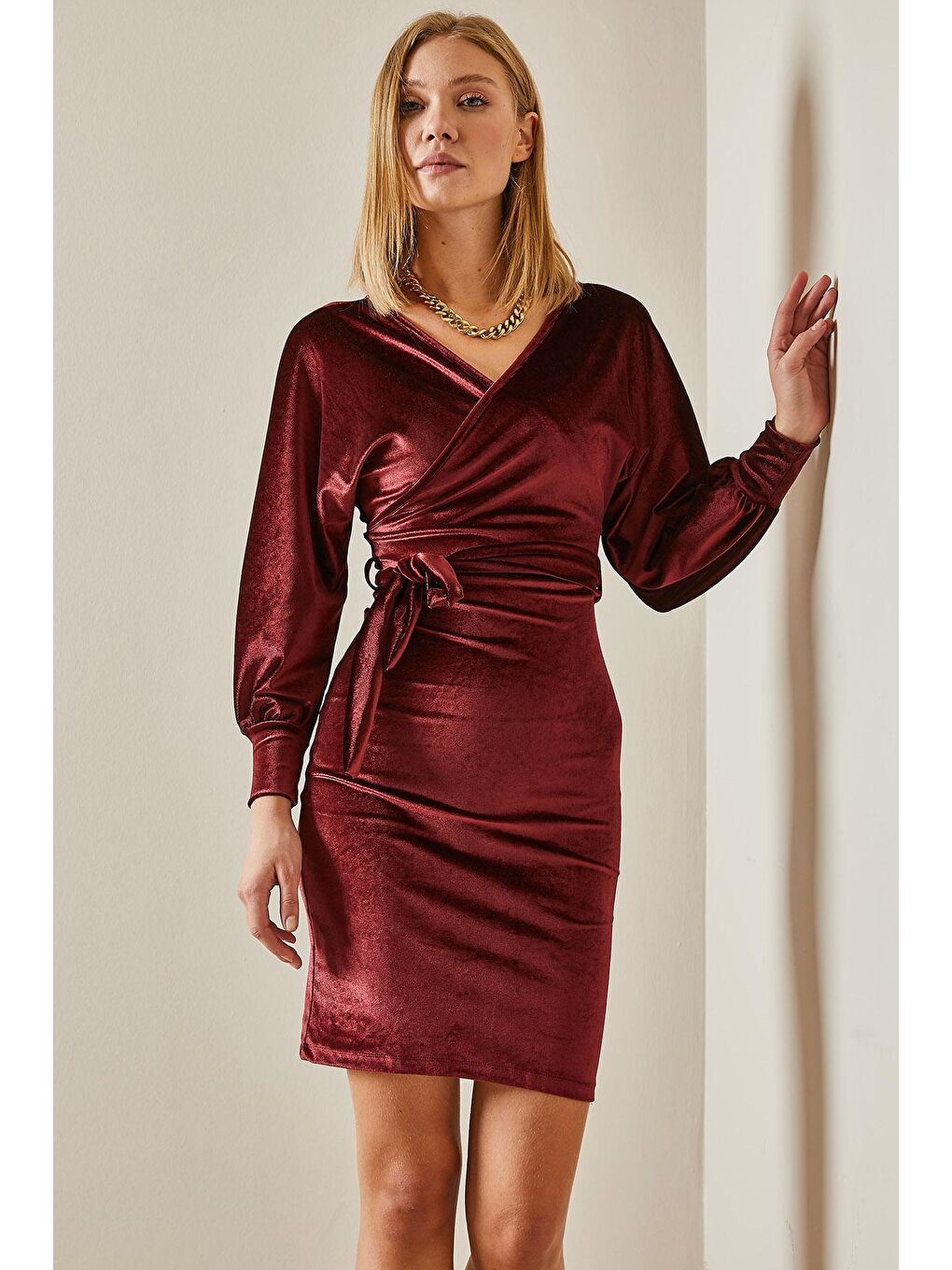 Bordo Yarasa Kol Kadife Elbise 4KXK6-47620-05-2