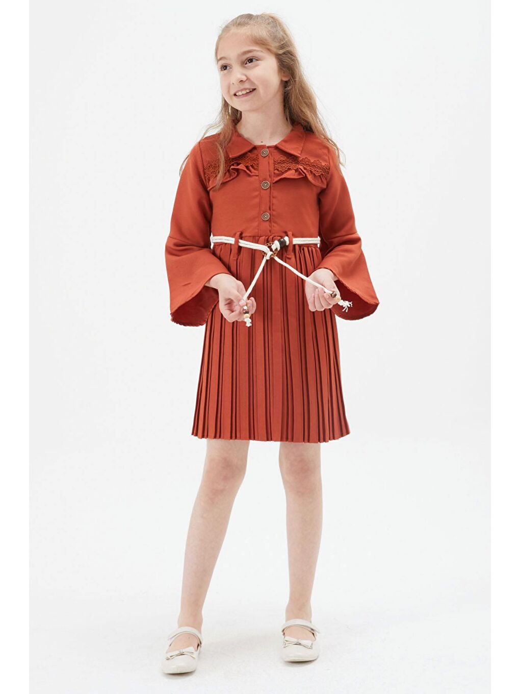 Kahverengi Kız Çocuk Kiremit Dantel Süslemeli Çantalı Piliseli Elbise 15168-4