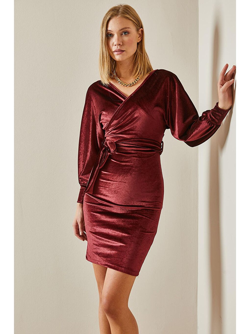 Bordo Yarasa Kol Kadife Elbise 4KXK6-47620-05-3