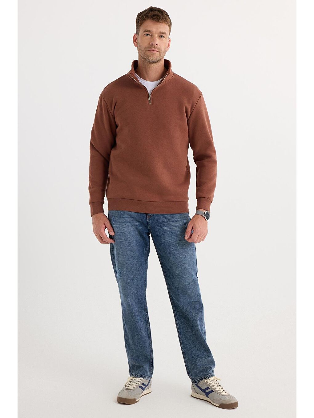 Unisex Relax Fit Rahat Kesim Pamuklu İçi Polarlı Yarım Fermuarlı Kahverengi Dik Yaka Sweatshirt-4