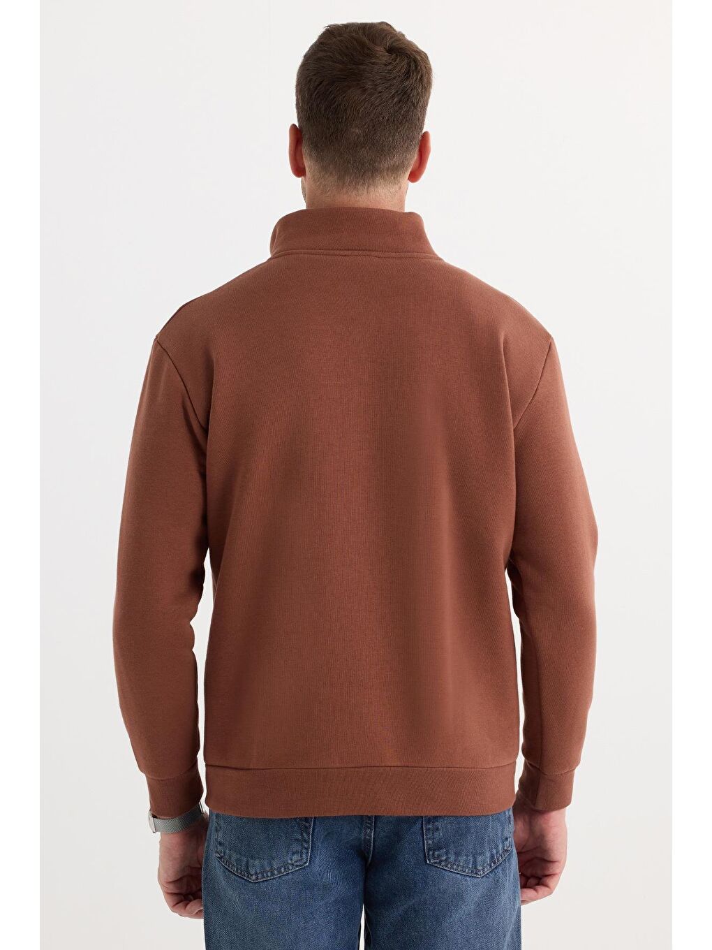 Unisex Relax Fit Rahat Kesim Pamuklu İçi Polarlı Yarım Fermuarlı Kahverengi Dik Yaka Sweatshirt-7
