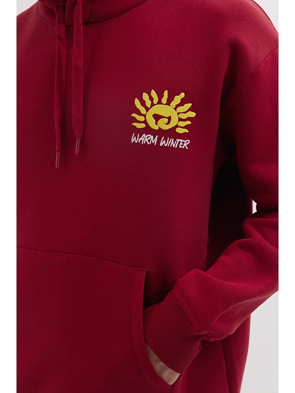 Unisex Oversize Geniş Kesim Pamuklu Yumuşak Dokulu İçi Polarlı Baskılı Bordo Kapüşonlu Erkek Hoodie-2