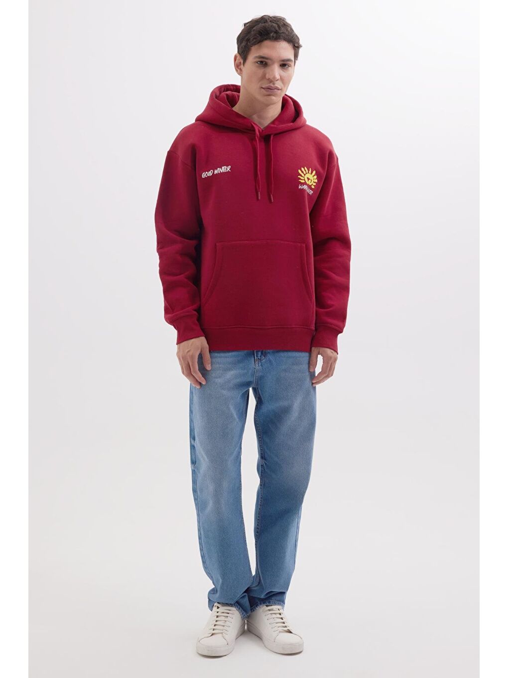 Unisex Oversize Geniş Kesim Pamuklu Yumuşak Dokulu İçi Polarlı Baskılı Bordo Kapüşonlu Erkek Hoodie-3