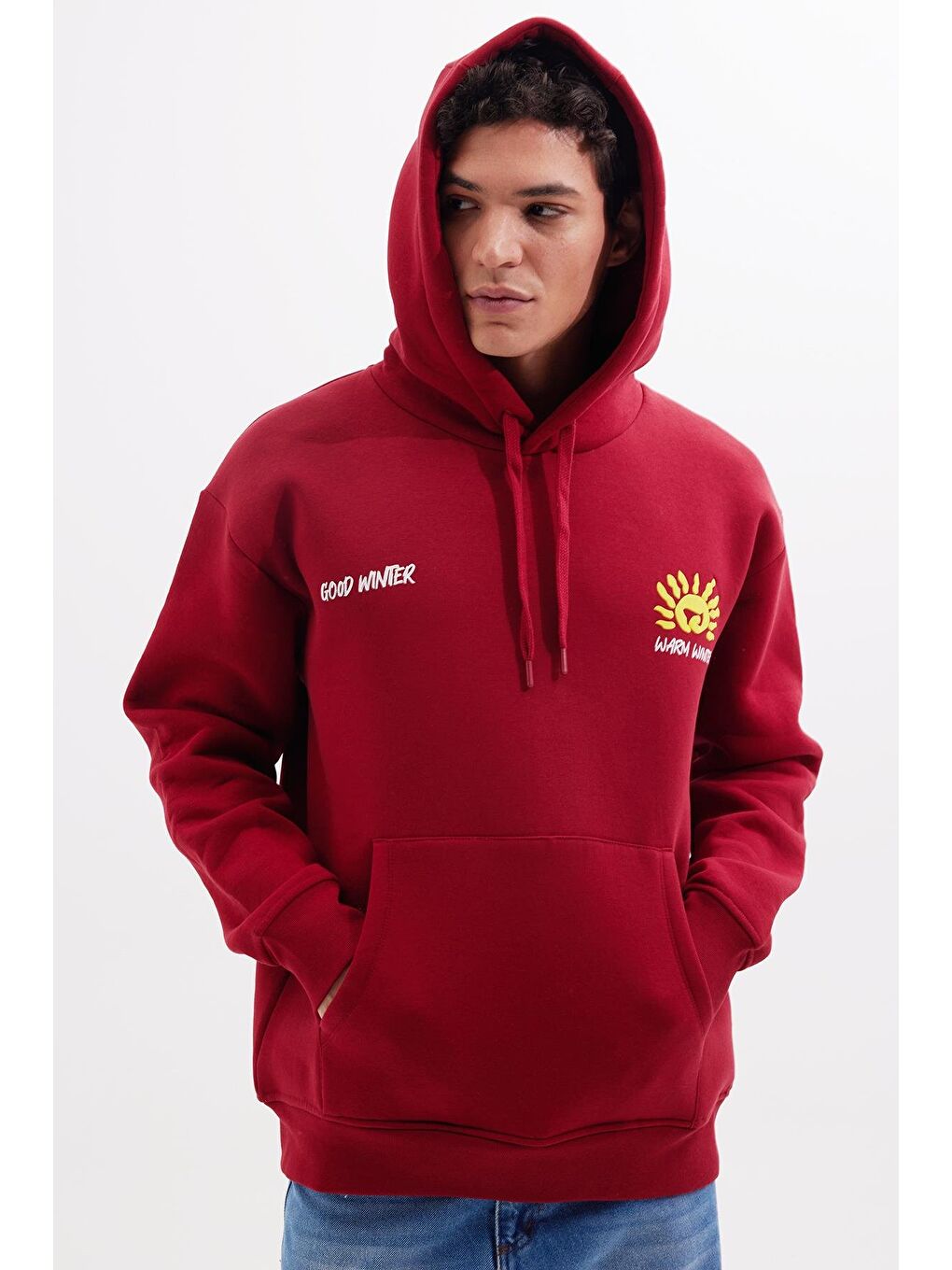 Unisex Oversize Geniş Kesim Pamuklu Yumuşak Dokulu İçi Polarlı Baskılı Bordo Kapüşonlu Erkek Hoodie-4
