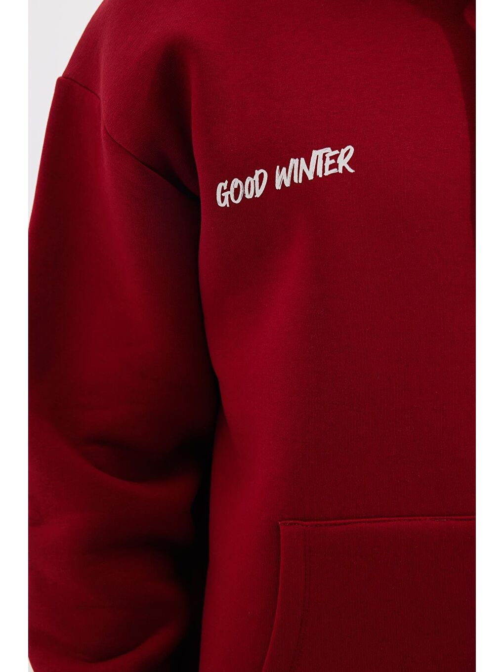 Unisex Oversize Geniş Kesim Pamuklu Yumuşak Dokulu İçi Polarlı Baskılı Bordo Kapüşonlu Erkek Hoodie-5