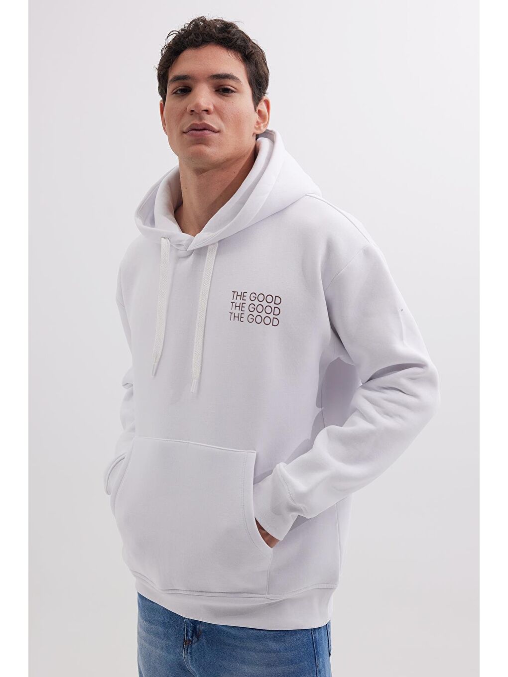 Unisex Oversize Geniş Kesim Pamuklu Yumuşak Dokulu İçi Polarlı Baskılı Beyaz Kapüşonlu Erkek Hoodie