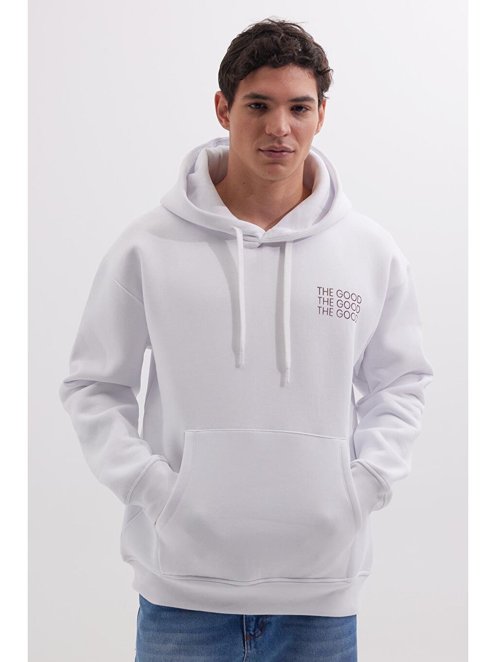 Unisex Oversize Geniş Kesim Pamuklu Yumuşak Dokulu İçi Polarlı Baskılı Beyaz Kapüşonlu Erkek Hoodie-1