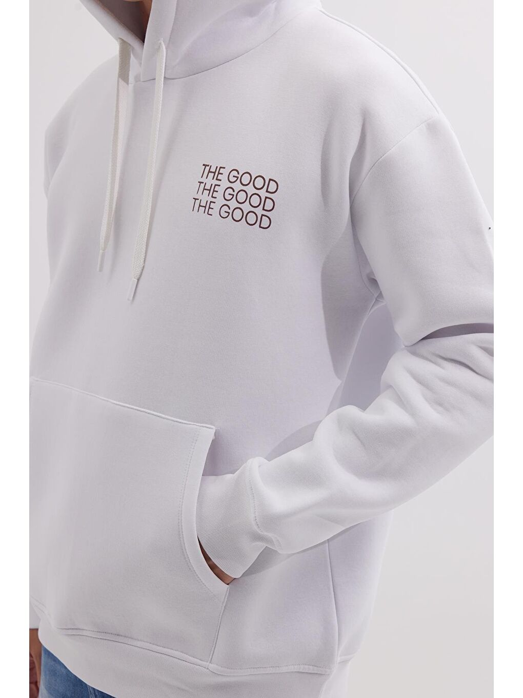 Unisex Oversize Geniş Kesim Pamuklu Yumuşak Dokulu İçi Polarlı Baskılı Beyaz Kapüşonlu Erkek Hoodie-2