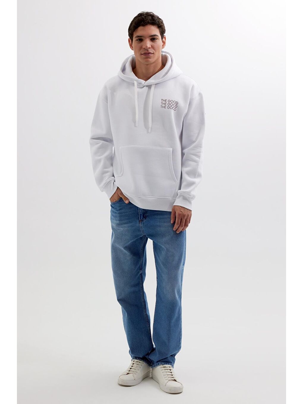 Unisex Oversize Geniş Kesim Pamuklu Yumuşak Dokulu İçi Polarlı Baskılı Beyaz Kapüşonlu Erkek Hoodie-3