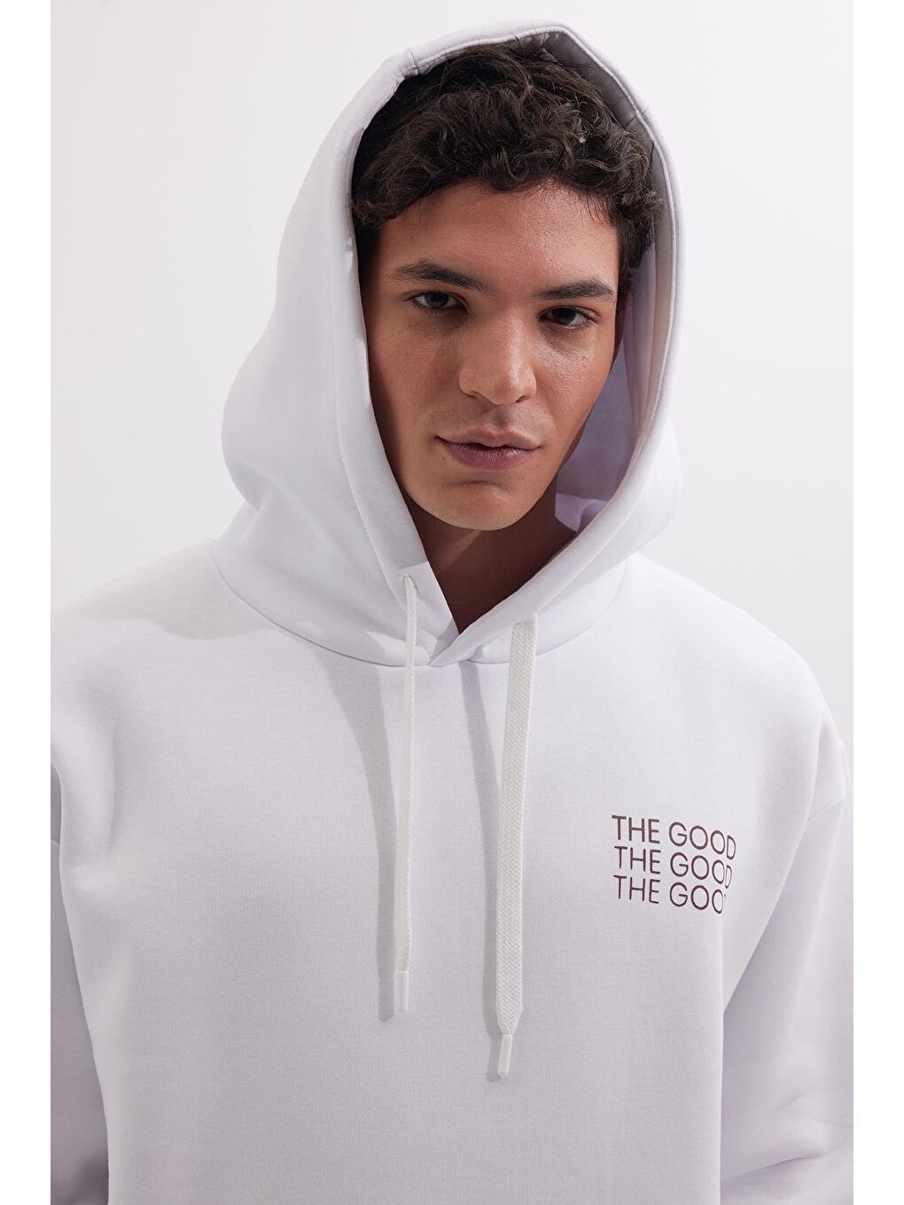 Unisex Oversize Geniş Kesim Pamuklu Yumuşak Dokulu İçi Polarlı Baskılı Beyaz Kapüşonlu Erkek Hoodie-4
