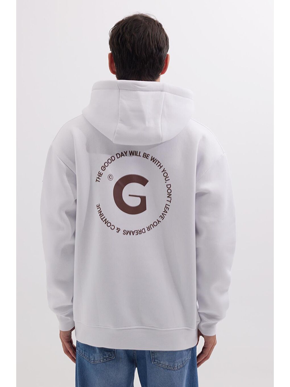 Unisex Oversize Geniş Kesim Pamuklu Yumuşak Dokulu İçi Polarlı Baskılı Beyaz Kapüşonlu Erkek Hoodie-6