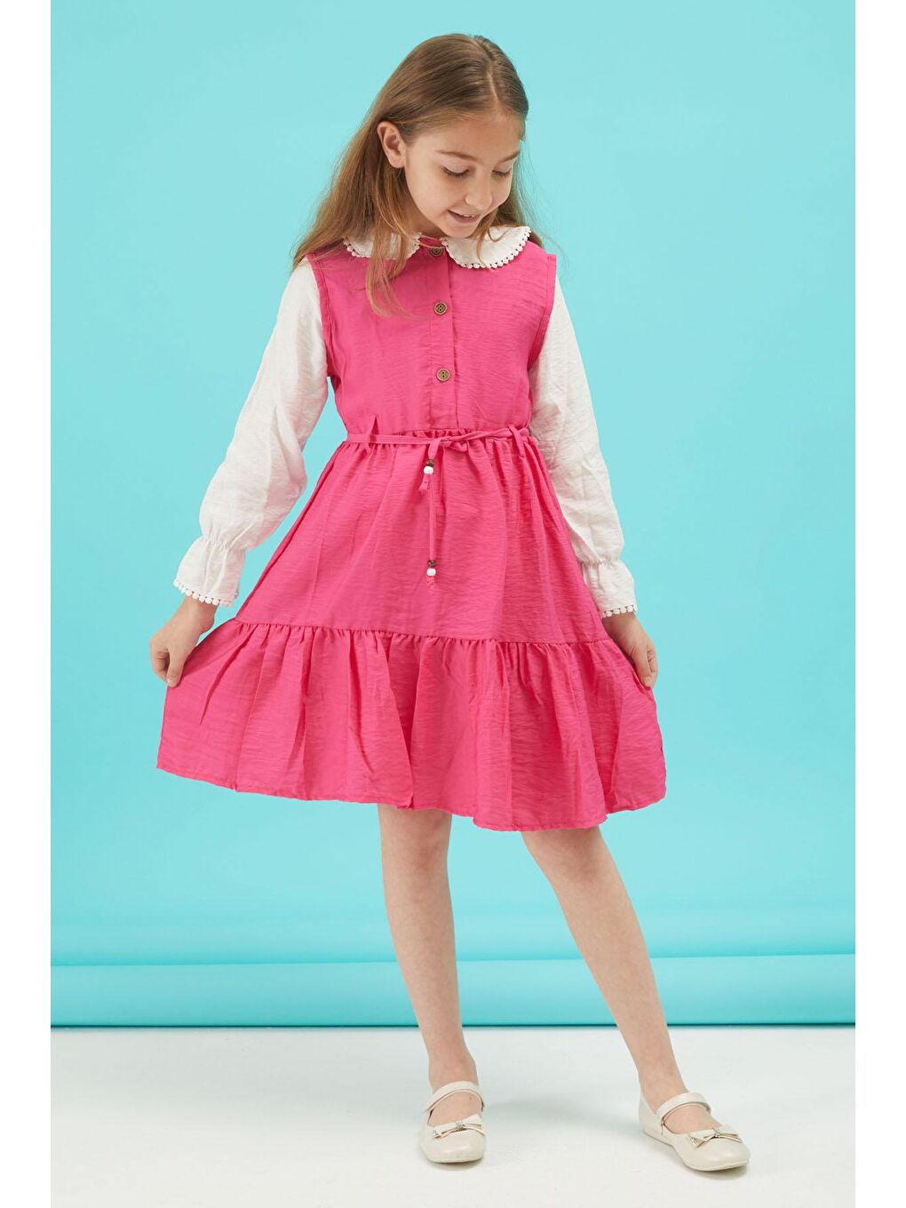 Fuşya Kız Çocuk Kuşaklı Dantel Yaka Elbise 15176