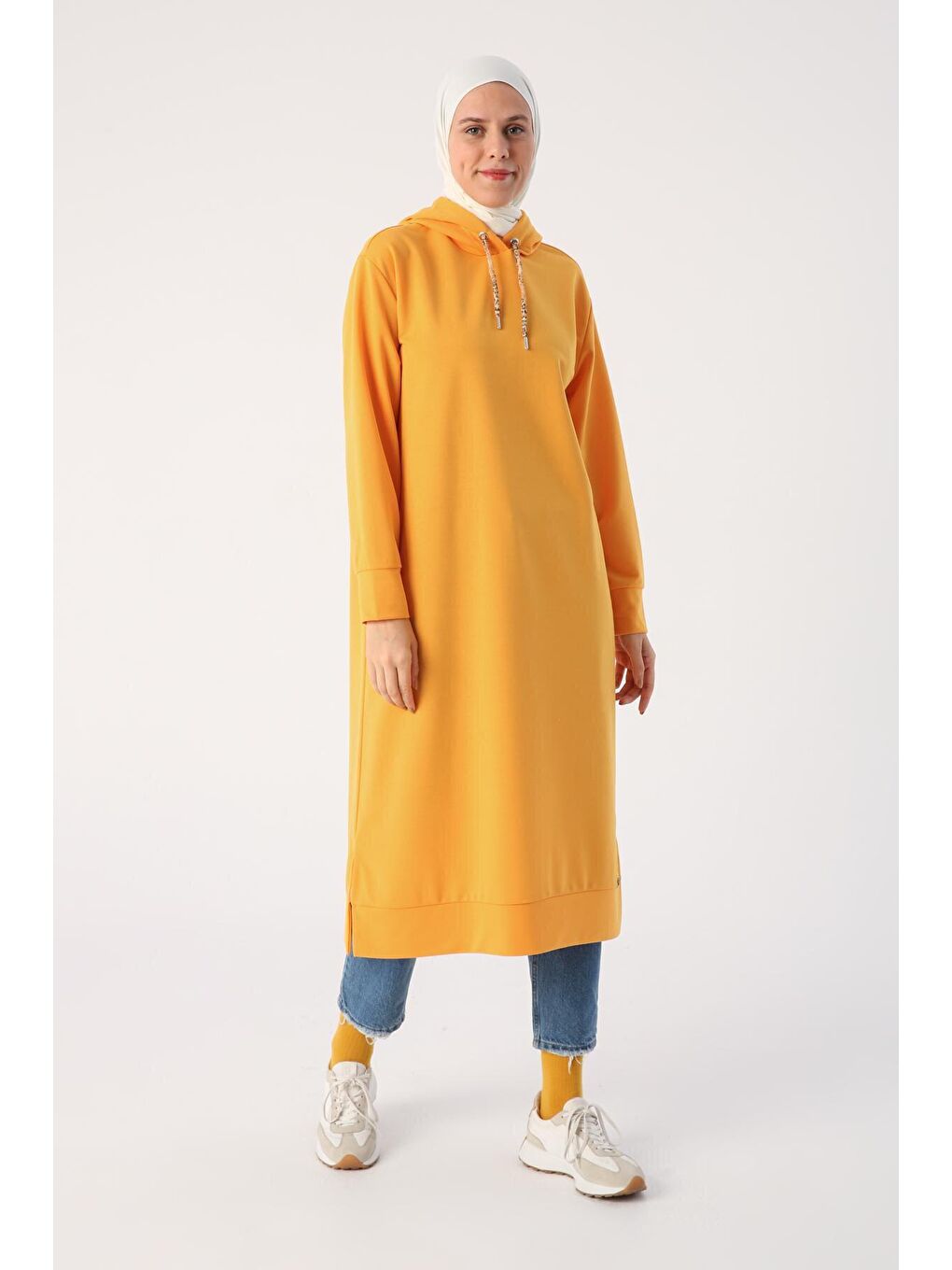 Koyu Sarı Leopar Bağcıklı Kapüşonlu Rahat Örme Tunik-1