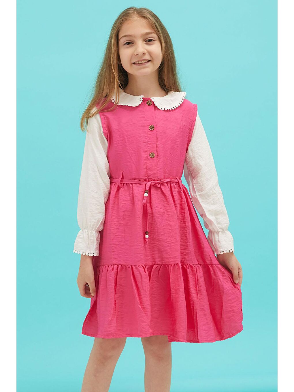 Fuşya Kız Çocuk Kuşaklı Dantel Yaka Elbise 15176-1
