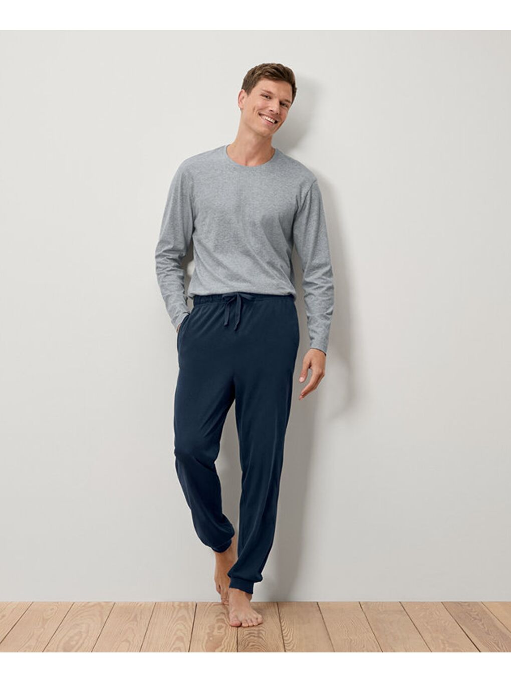 Erkek Pijama Takımı, Manşetli, Gri