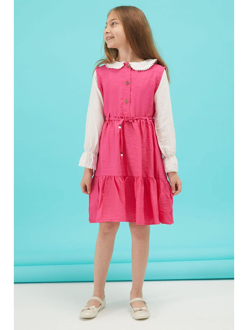 Fuşya Kız Çocuk Kuşaklı Dantel Yaka Elbise 15176-2