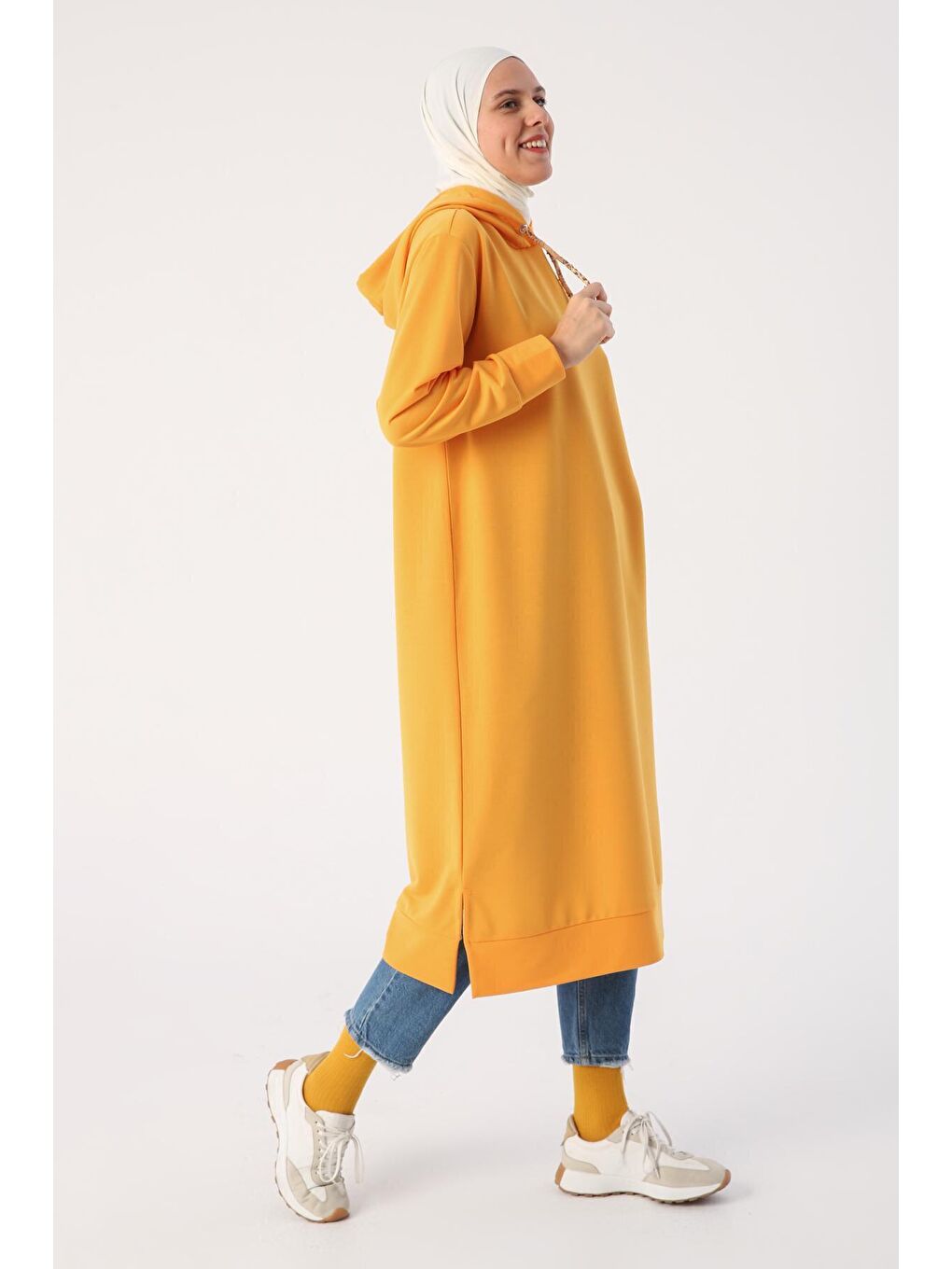 Koyu Sarı Leopar Bağcıklı Kapüşonlu Rahat Örme Tunik-2