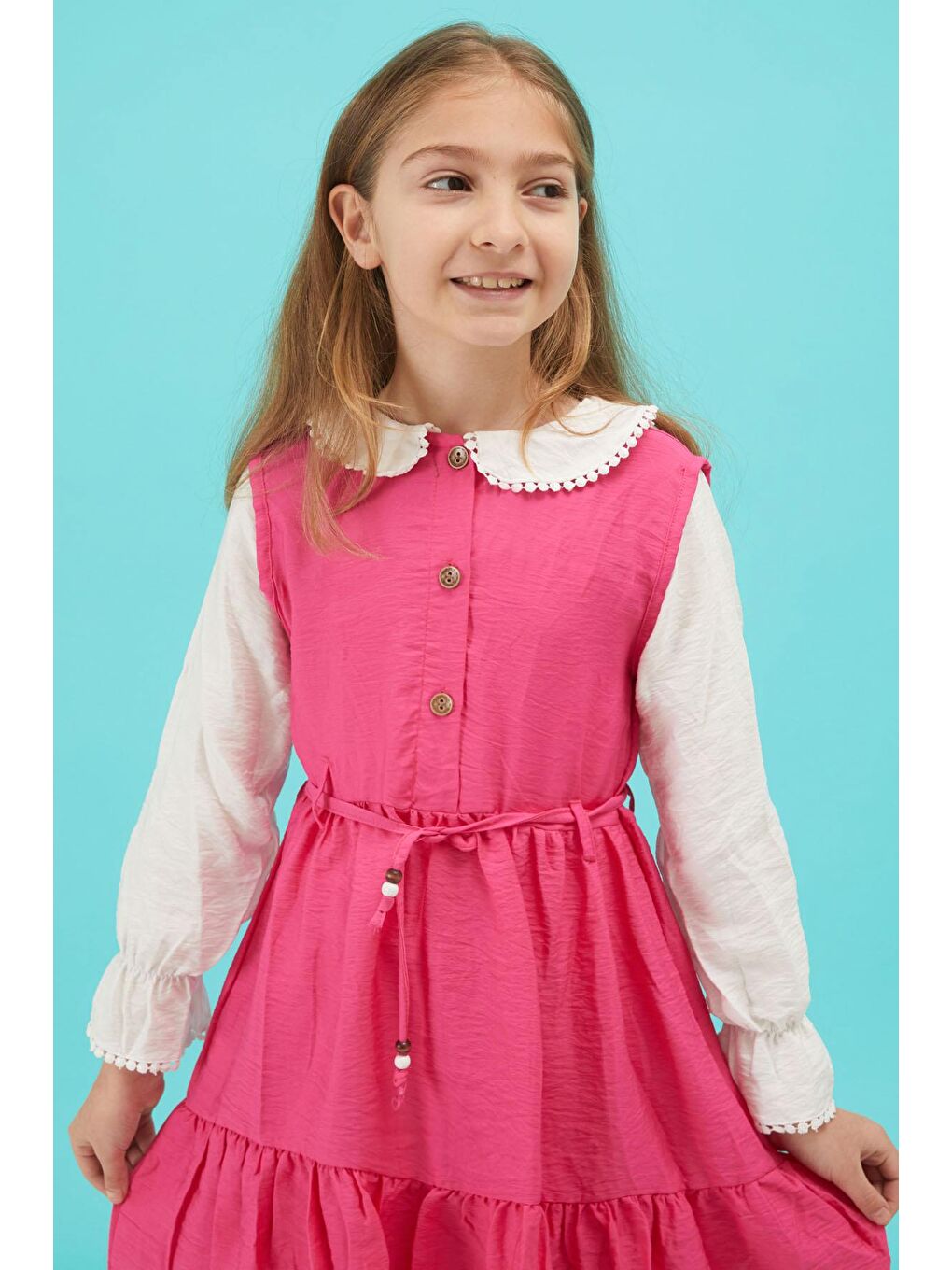 Fuşya Kız Çocuk Kuşaklı Dantel Yaka Elbise 15176-3