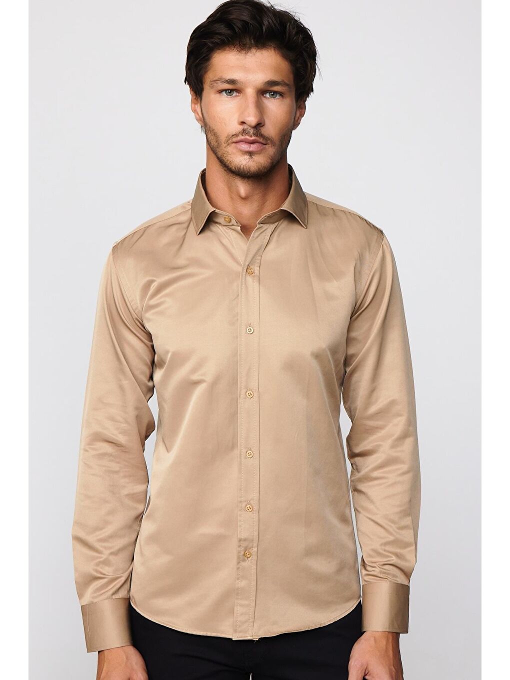 Ekru Erkek Modern Slim Fit Düz Saten Pamuklu Krem Gömlek-2