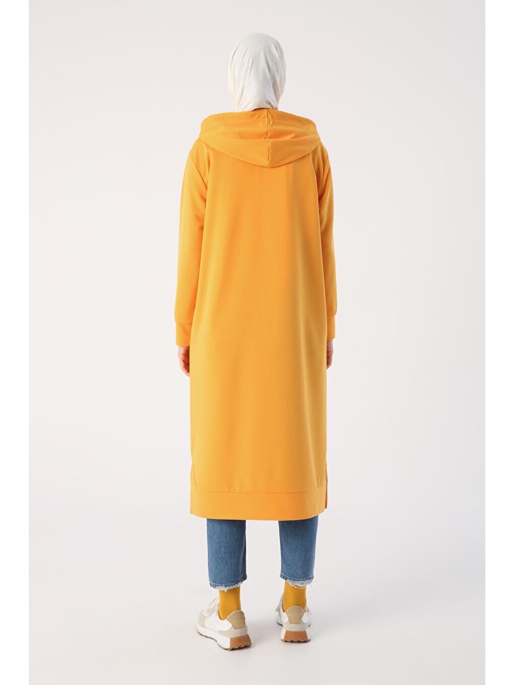 Koyu Sarı Leopar Bağcıklı Kapüşonlu Rahat Örme Tunik-3