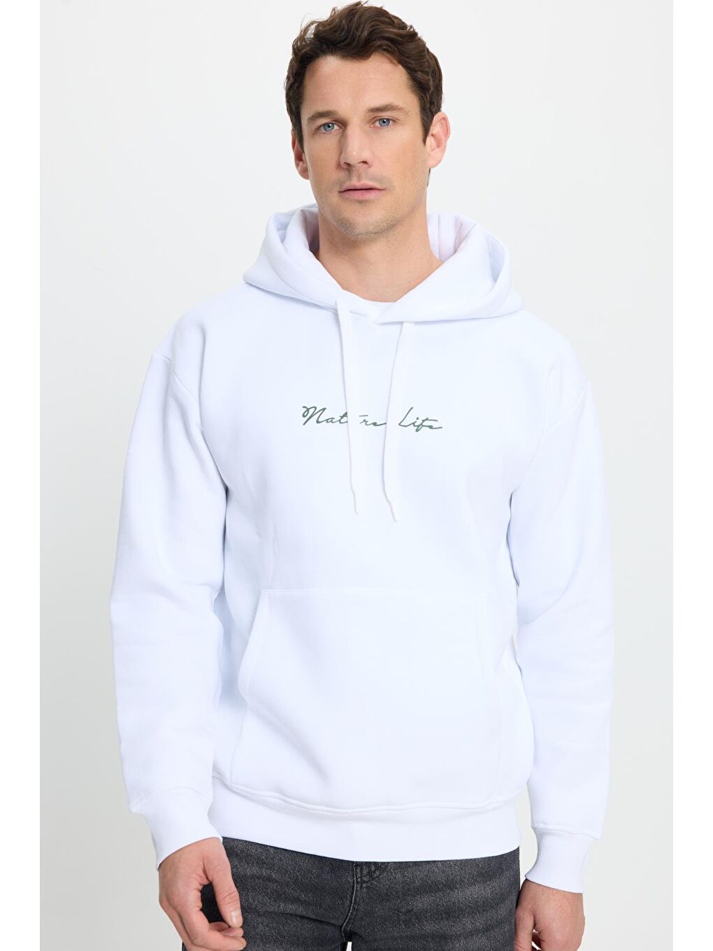 Unisex Oversize Geniş Kesim Pamuklu Yumuşak Dokulu İçi Polarlı Baskılı Beyaz Kapüşonlu Erkek Hoodie