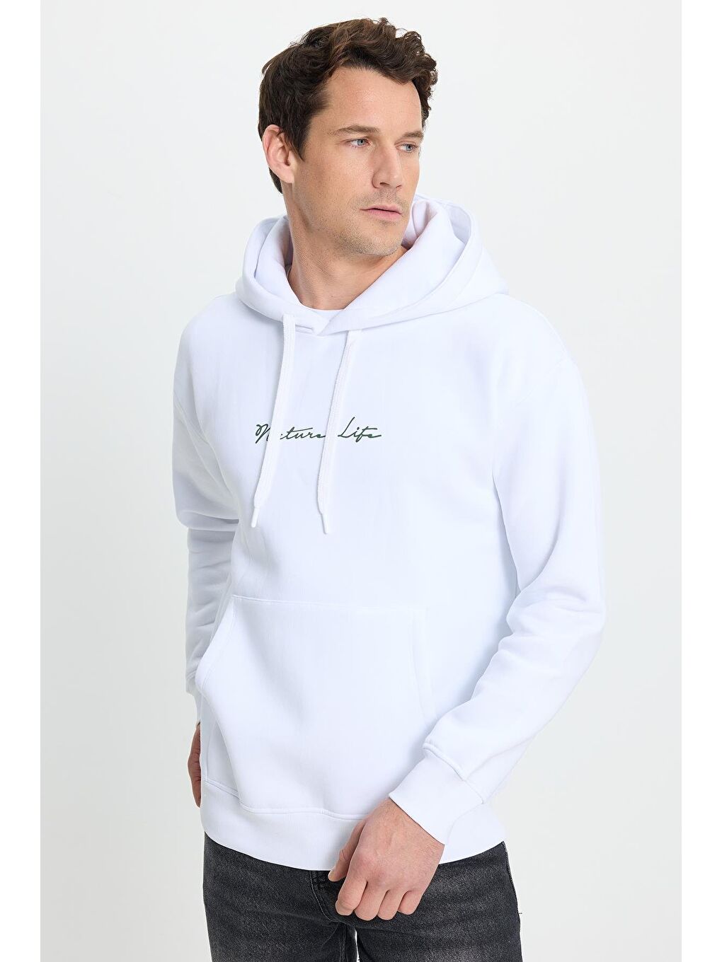 Unisex Oversize Geniş Kesim Pamuklu Yumuşak Dokulu İçi Polarlı Baskılı Beyaz Kapüşonlu Erkek Hoodie-3