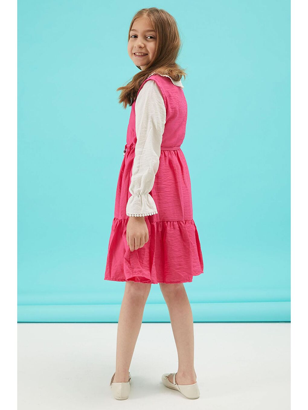 Fuşya Kız Çocuk Kuşaklı Dantel Yaka Elbise 15176-4