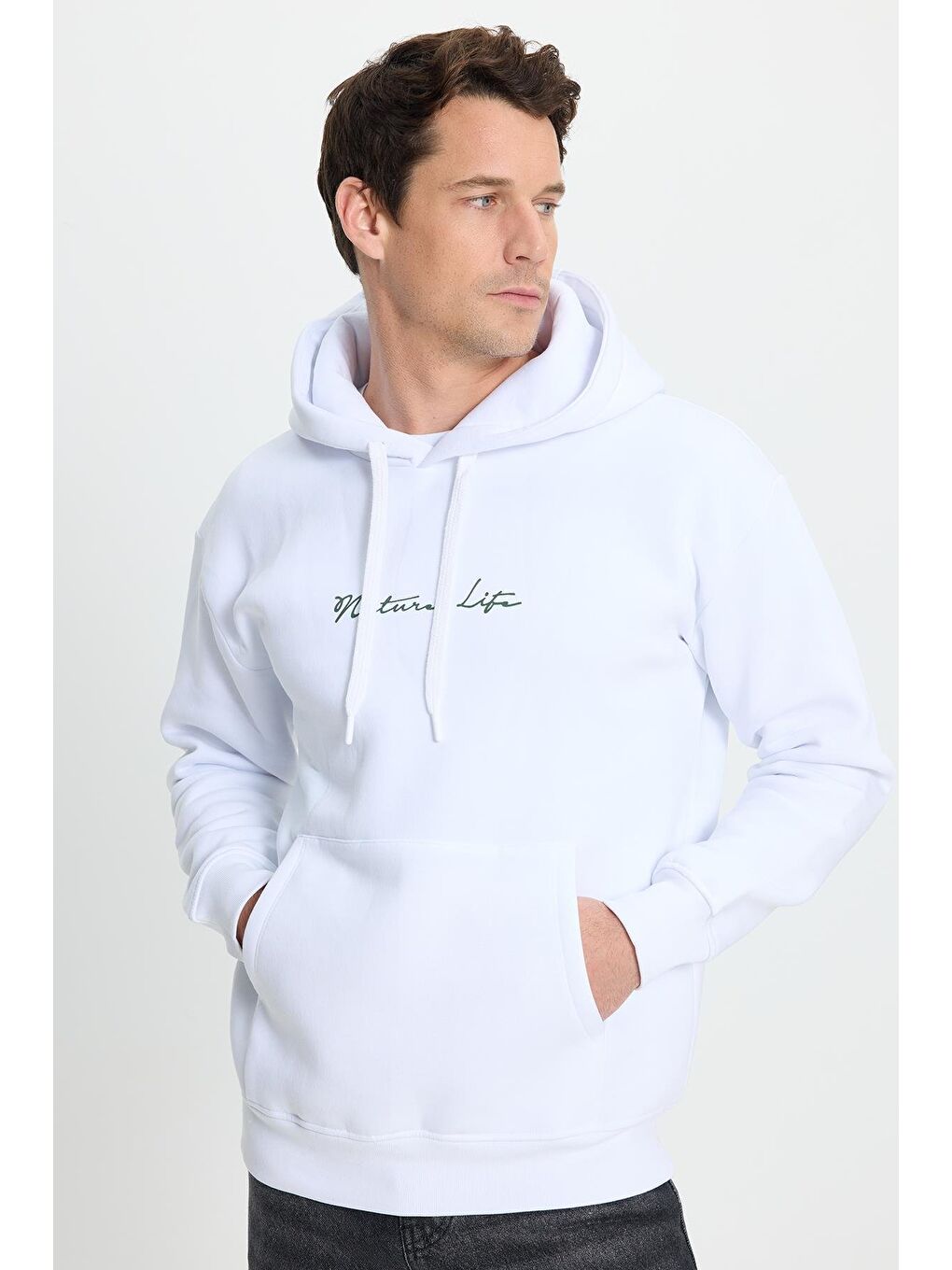 Unisex Oversize Geniş Kesim Pamuklu Yumuşak Dokulu İçi Polarlı Baskılı Beyaz Kapüşonlu Erkek Hoodie-5