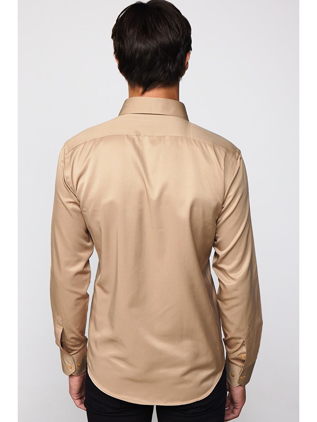 Ekru Erkek Modern Slim Fit Düz Saten Pamuklu Krem Gömlek-4
