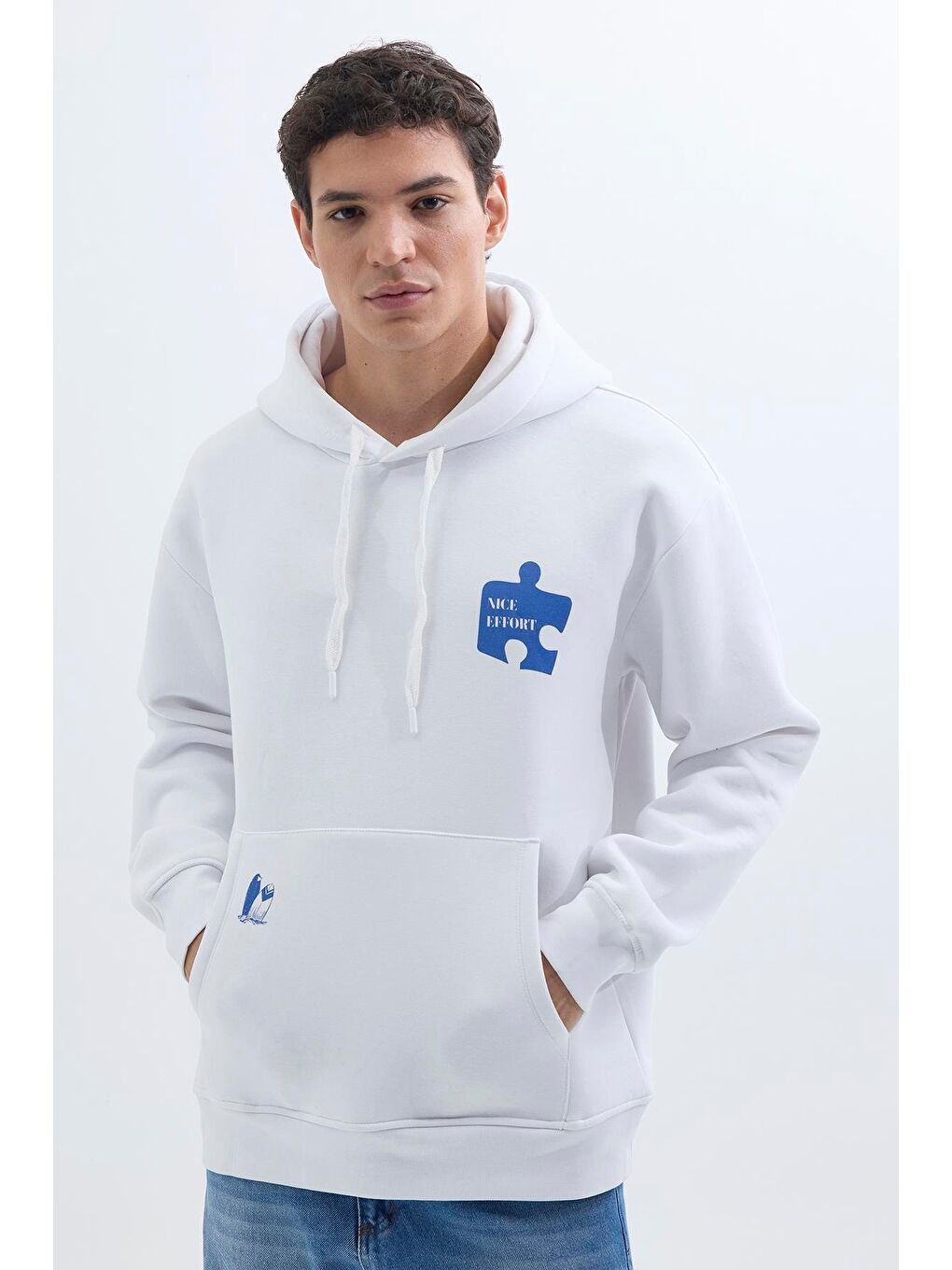 Unisex Oversize Geniş Kesim Pamuklu Yumuşak Dokulu İçi Polarlı Baskılı Beyaz Kapüşonlu Erkek Hoodie