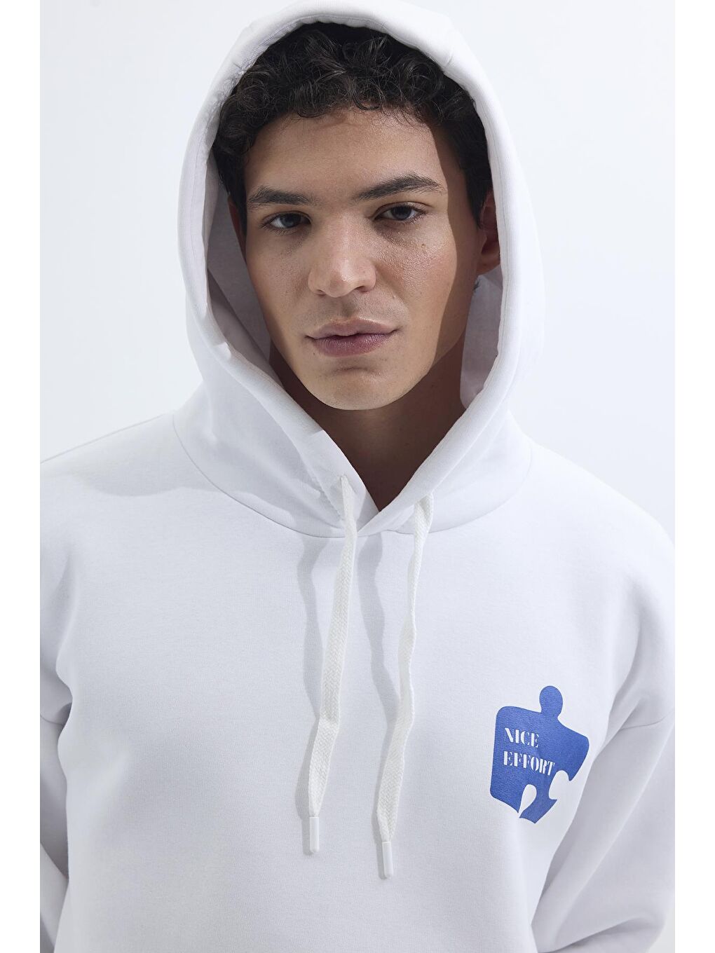 Unisex Oversize Geniş Kesim Pamuklu Yumuşak Dokulu İçi Polarlı Baskılı Beyaz Kapüşonlu Erkek Hoodie-1