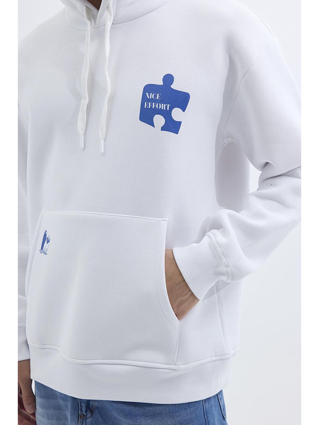 Unisex Oversize Geniş Kesim Pamuklu Yumuşak Dokulu İçi Polarlı Baskılı Beyaz Kapüşonlu Erkek Hoodie-2