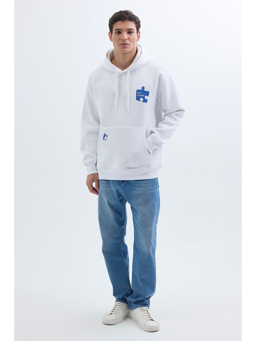 Unisex Oversize Geniş Kesim Pamuklu Yumuşak Dokulu İçi Polarlı Baskılı Beyaz Kapüşonlu Erkek Hoodie-3