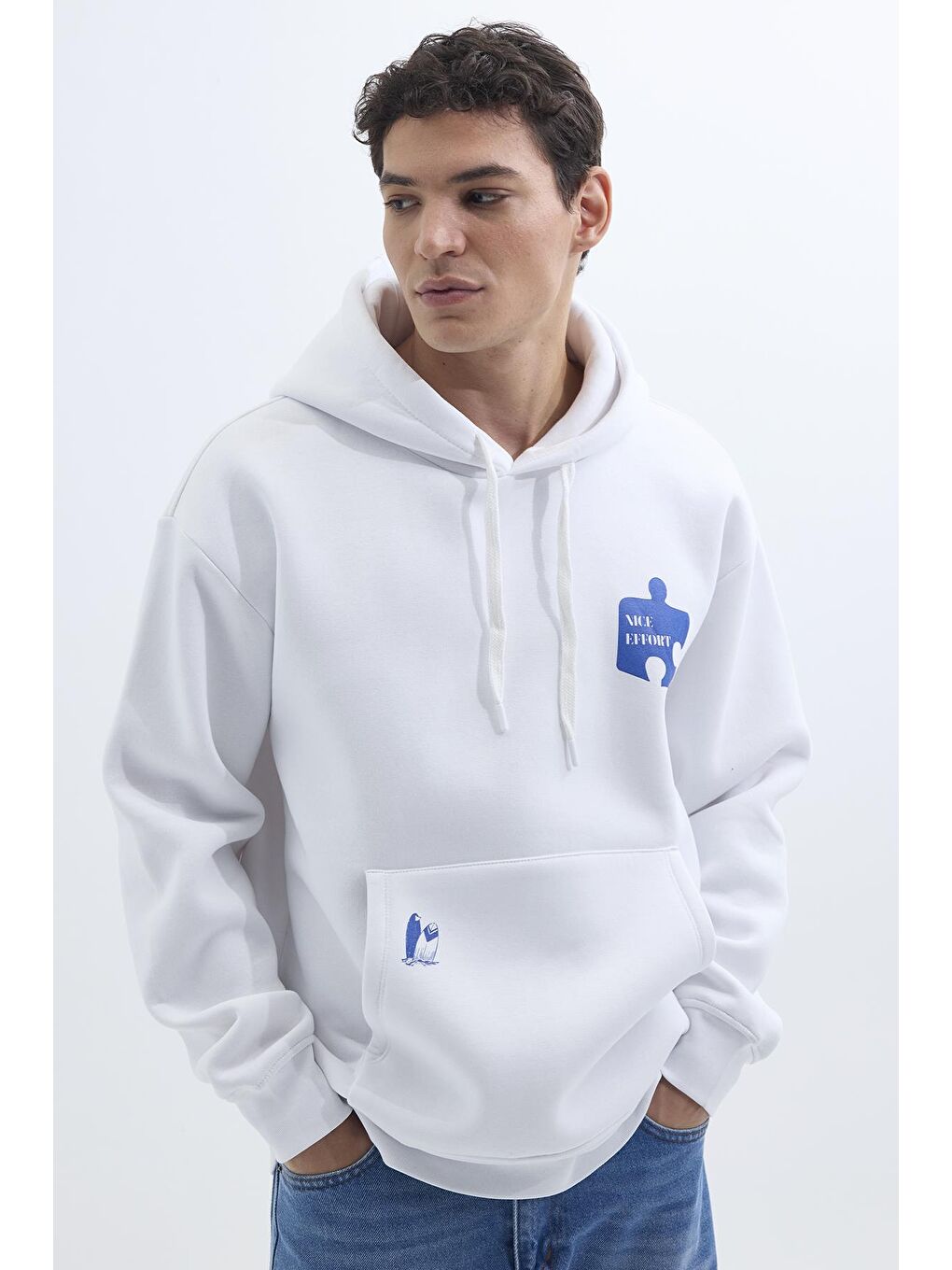 Unisex Oversize Geniş Kesim Pamuklu Yumuşak Dokulu İçi Polarlı Baskılı Beyaz Kapüşonlu Erkek Hoodie-4