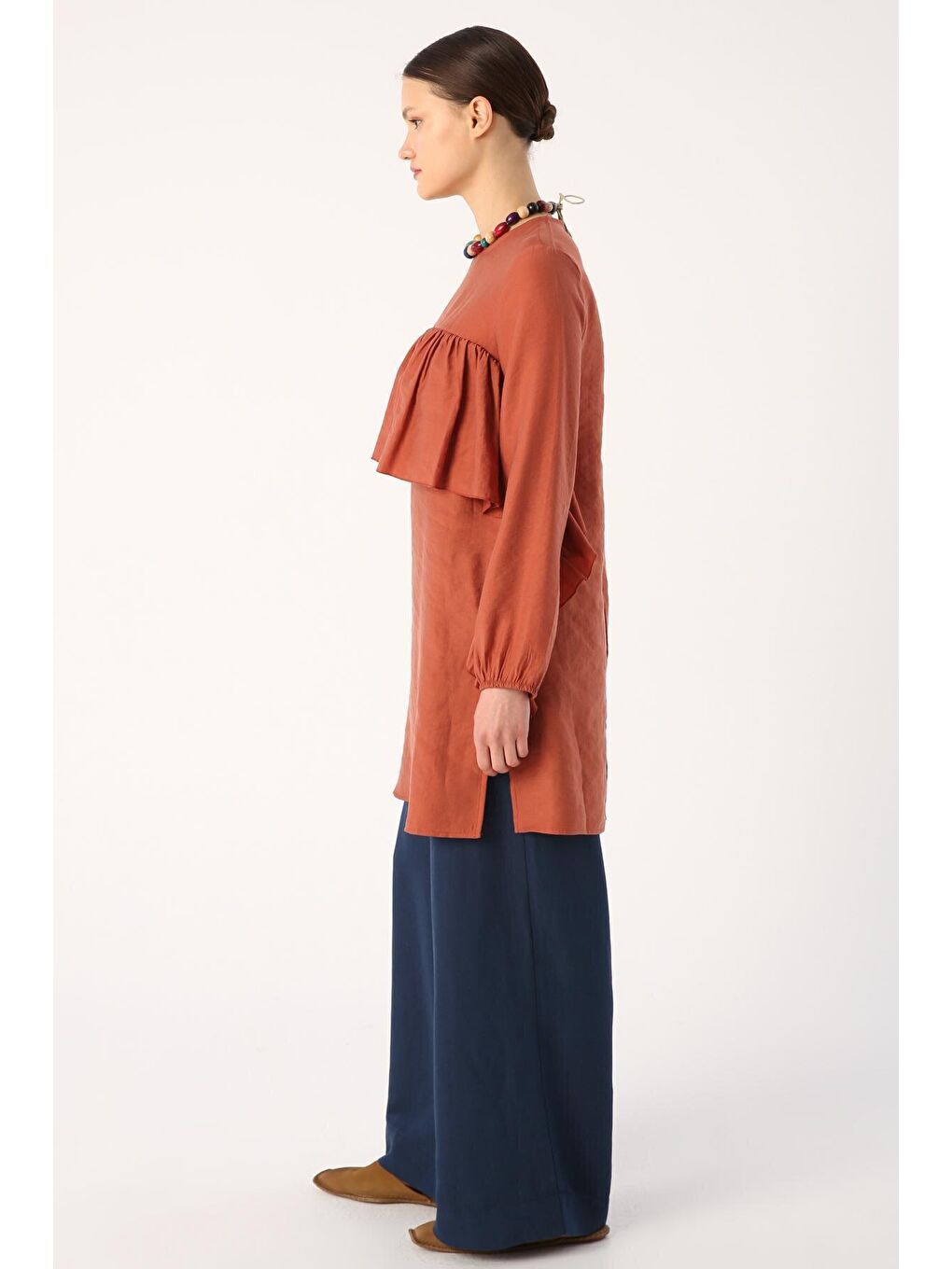 Kahverengi Tarçın Volan Detaylı Tunik-2