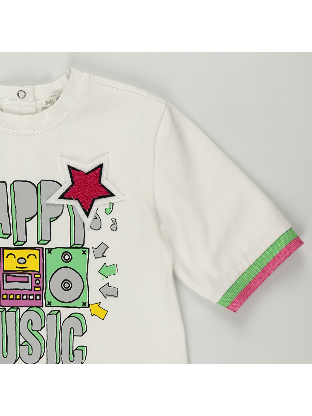 Beyaz Kız Çocuk Baskılı Nakış Arma Detaylı Kısa Kollu Tişört-3